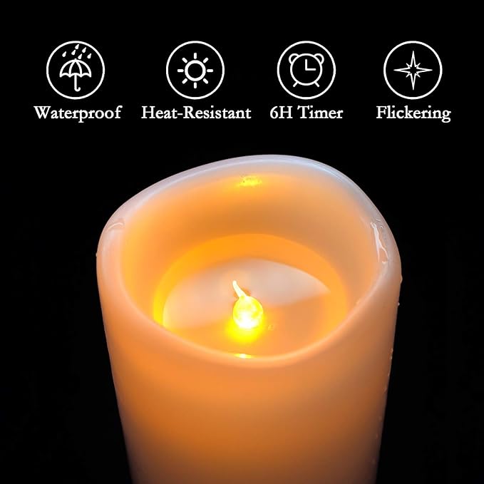 Amagic 2 Pack 10" x 4" Outdoor Plastic Electric flameless Candles with Remote Control and Timer, Battery Operated Flickering LED Pillar Fake Candle for Home, Wedding Decor, Ivory