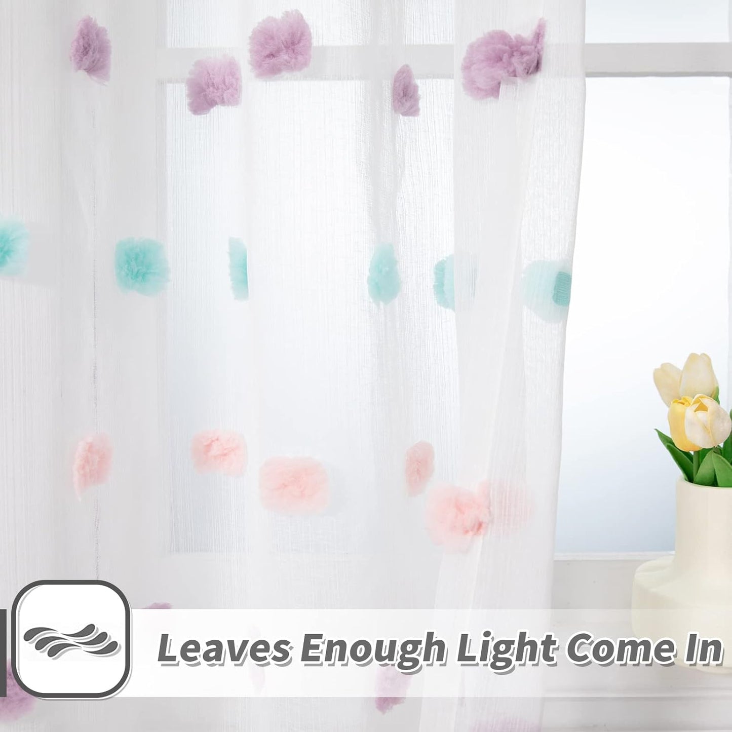 MYSKY HOME Pom Pom Sheer Curtains for Bedroom 72 Inch Length Long Rainbow Curtains for Dining Room Window Nursery Curtains Girls Kids Room 2 Pieces Rod Pocket Boho Farmhouse 52" x 72"