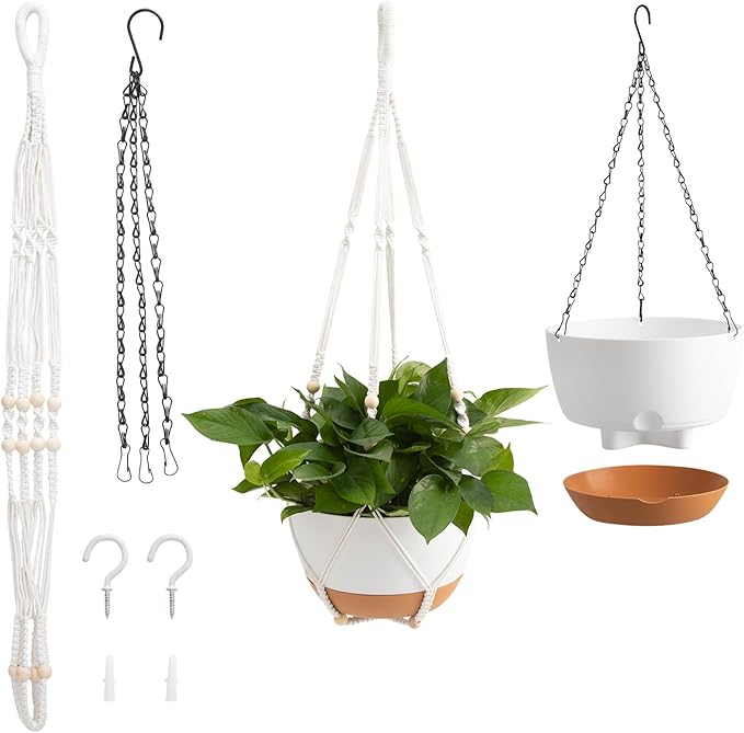VEVOR Hanging Planters, 10 Inch Self-Watering Hanging Planter, 2 Pack Flower Pots with Drainage Hole & 2 Kinds of Plant Hangers, Plastic Basket Pots, for Garden Home Decor, Indoor & Outdoor Plants
