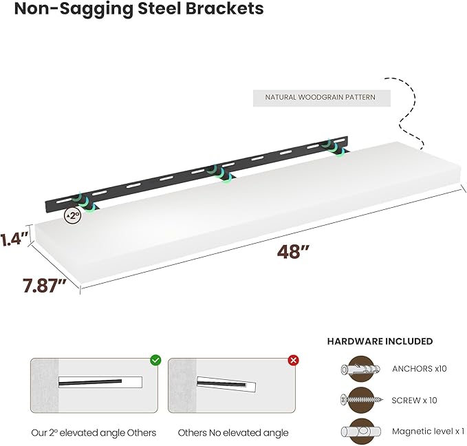 White Floating Wood Shelves for Wall 48 Inch, 8 in Deep Pine Shelf Floating Home Decor, Heavy Duty Shelf Hold 100 lbs, Wall Shelves for Bathroom Living Room Kitchen Bedroom Office Book, Set of 2