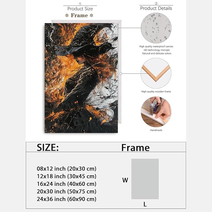 Witch Canvas Poster Print, Dark Academic Picture Wall Decor, Modern Fashion Aesthetic Abstract Witchcraft Halloween Wall Art For Bedroom Living Room Hallway Decoration,16"x24" Framed