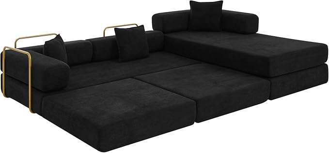 108" Oversized Convertible Sleeper Sofa Bed, Corduroy L Shape Sectional Couch, Folding Sofa Bed with Side Pocket, Modern Cloud Floor Mattress Couch, Modular Sofa for Living Room, Black