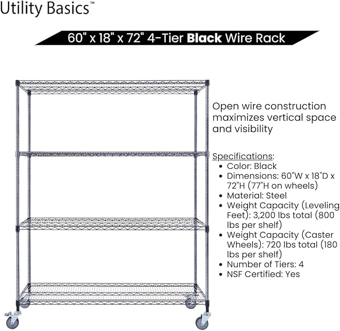 60"x18"x72" Black Premium Metal Steel Wire Shelving 4-Tier NSF 3200 LBS MAX Capacity Heavy Duty Storage Rack for Garages, Commercial Spaces, Hospitals, & Schools w/Premium Wheels