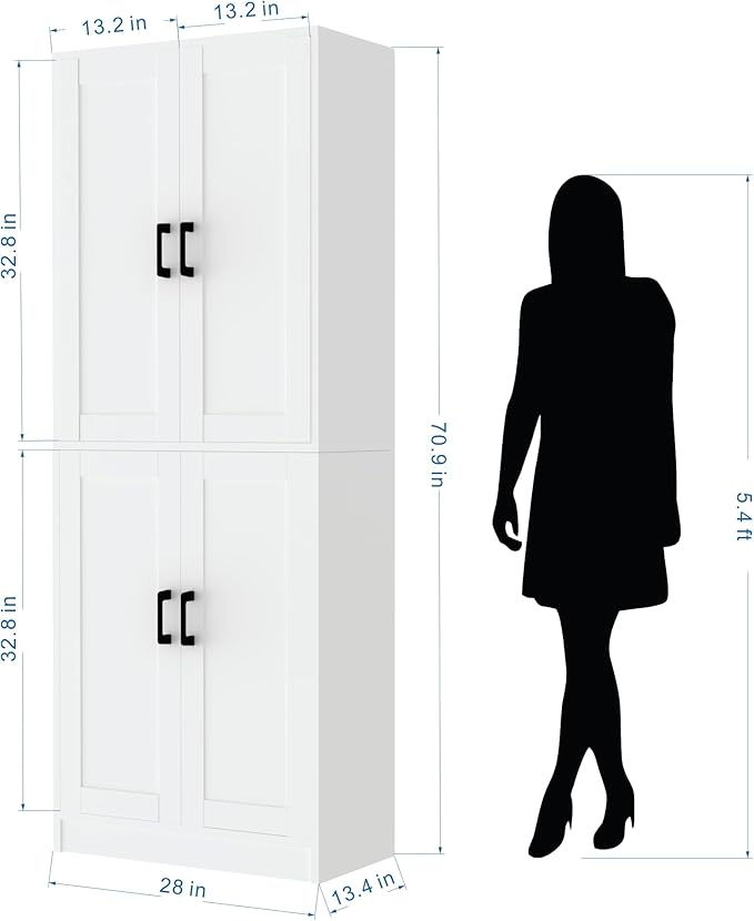 White Kitchen Pantry, 71" Tall Cabinet with Doors, Hutch with Storage for Dining Room