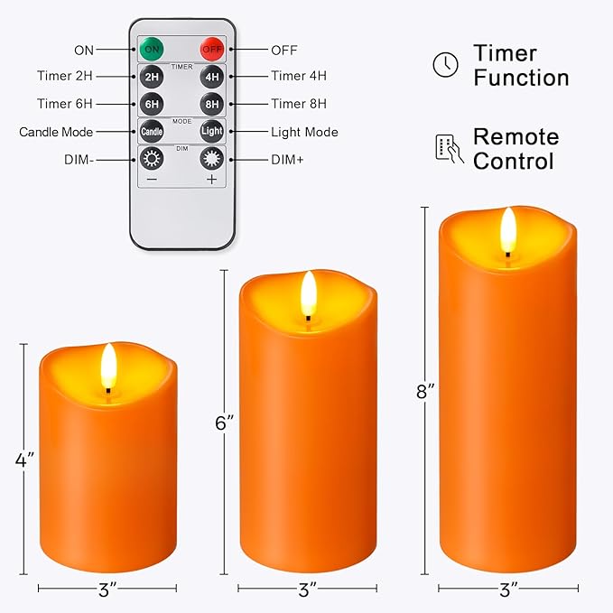 NURADA Outdoor Flameless Candles with Remote Timer - Waterproof Realistic Flickering LED Pillar Electric Battery Operated Fake Candle for Halloween Home Fireplace Decor - 3 Pack Orange (D3”H4”6”8”)