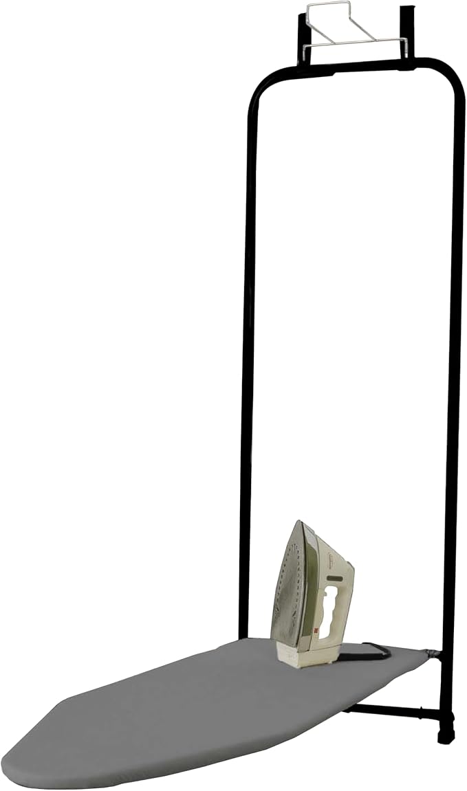 Household Essentials Over-The-Door Ironing Board with Iron Holder | Compact, Self-Closing Design with Cotton Cover and Padding | Space-Saving Ironing Board for Dorms, Apartments, and Small Spaces