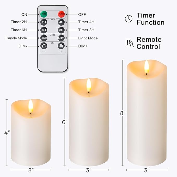 Outdoor Flameless Candles with Remote Timer - Waterproof Realistic Flickering LED Pillar Electric Battery Operated Fake Candle for Holiday Home Wedding Fireplace Decor - Ivory White 3 Pack (4”6”8”)