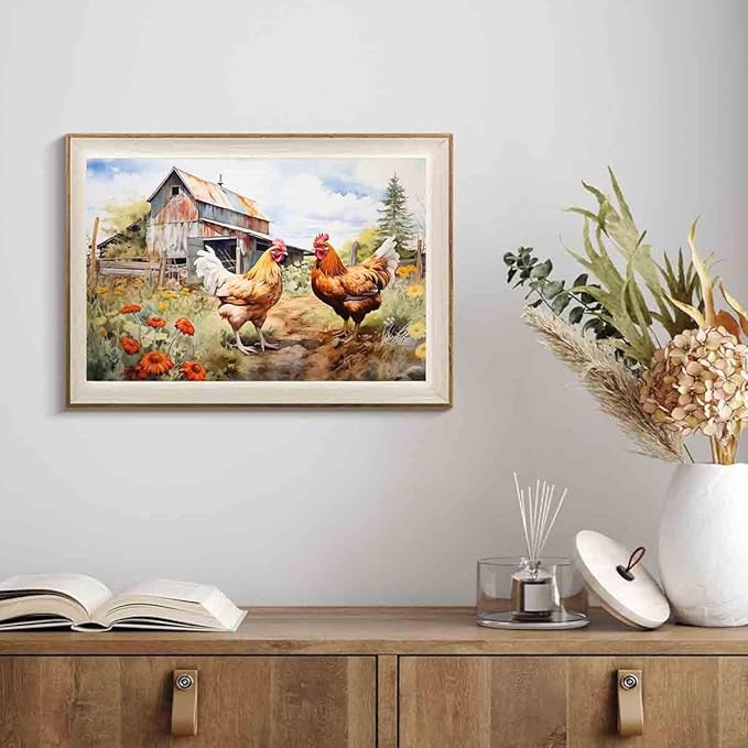 Chicken Farm Wall Art Rustic Country Painting Chickens Pictures Vintage Countryside Canvas Wall Art Barn Rustic Farmhouse Pictures Animals Wildflower Painting Living Room Decor 16x24inch No Frame