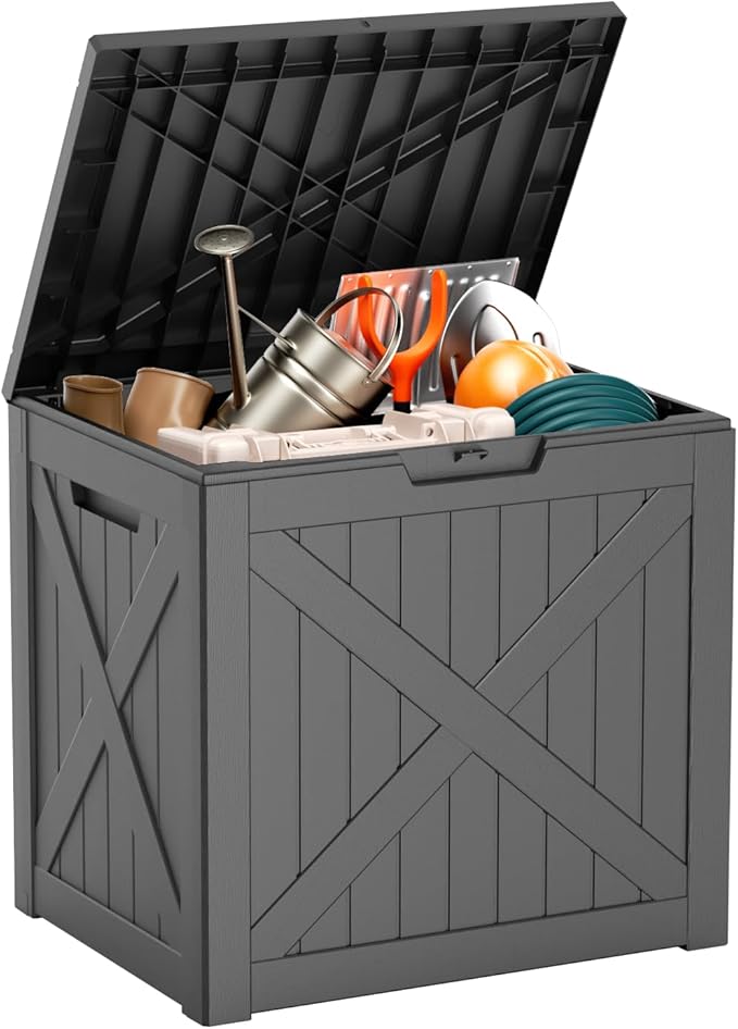 Vixzen 32 Gallon Resin Deck Box - Lockable Outdoor Storage for Patio Cushions, Garden Tools, Pool Supplies,Black