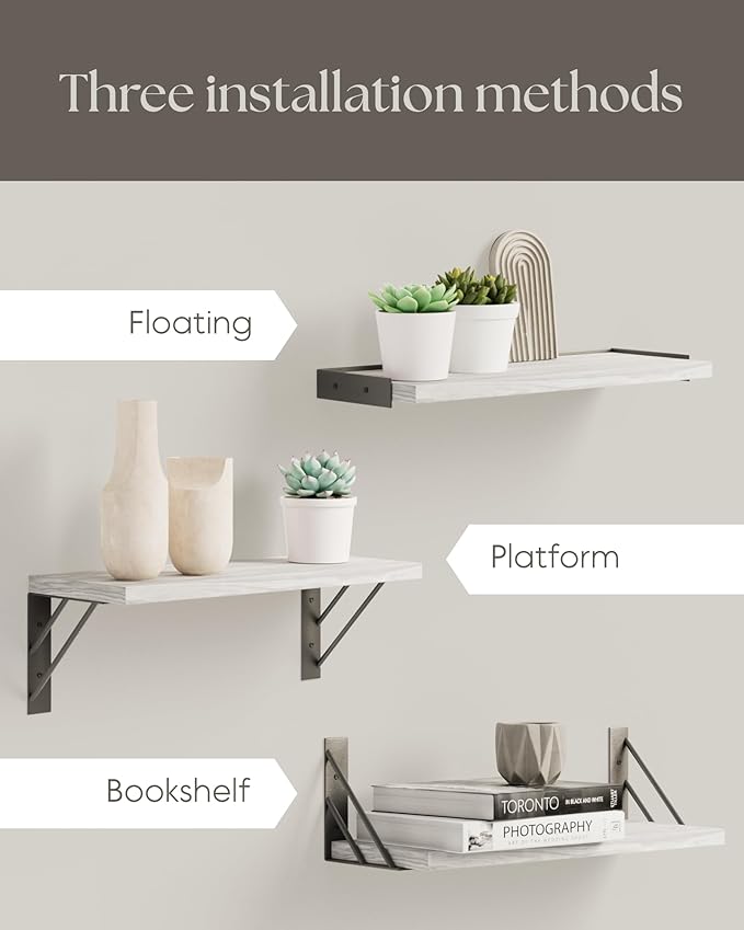 BAYKA Wall Shelves for Bedroom Decor, Floating Wall Shelves for Living Room Kitchen Storage, Wall Mounted Rustic Wood Floating Shelves for Kids Books,Corner Shelves for Bathroom(White,Set of 3)