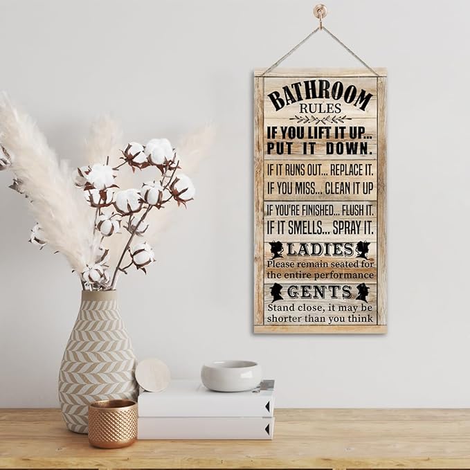 Rustic & Funny Bathroom Signs - Western & Farmhouse Bathroom Rules Wall Decor E1
