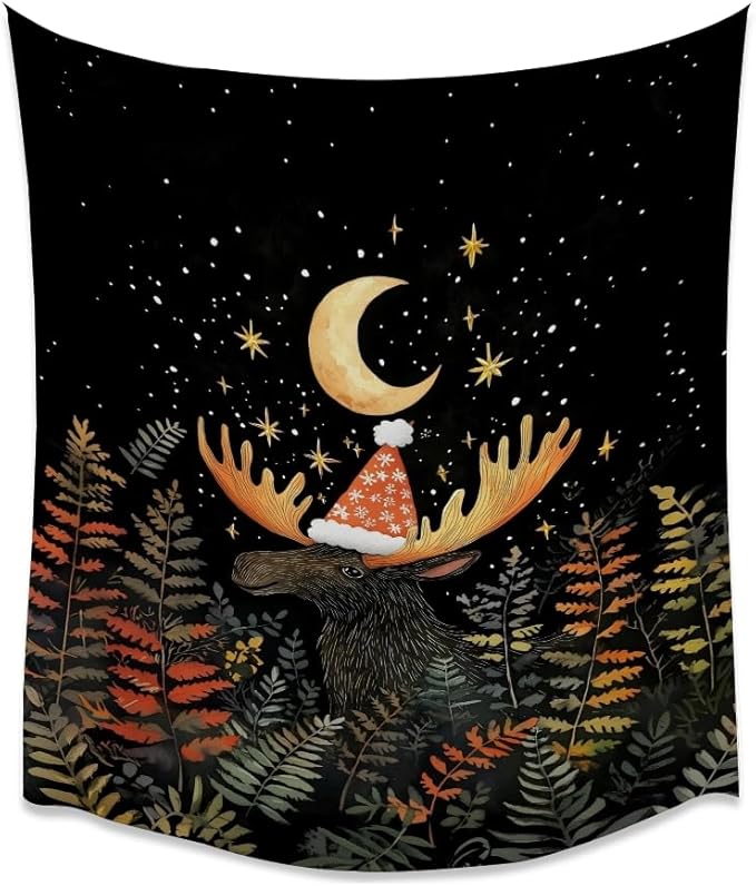Cute Moose Tapestry Winter Christmas Aesthetic Wall Hanging Decor Funny Animal Lover Gift Whimsical Christmas Tapestries for Nursery Kids Bedroom Home Living Room Decoration 70x90inch