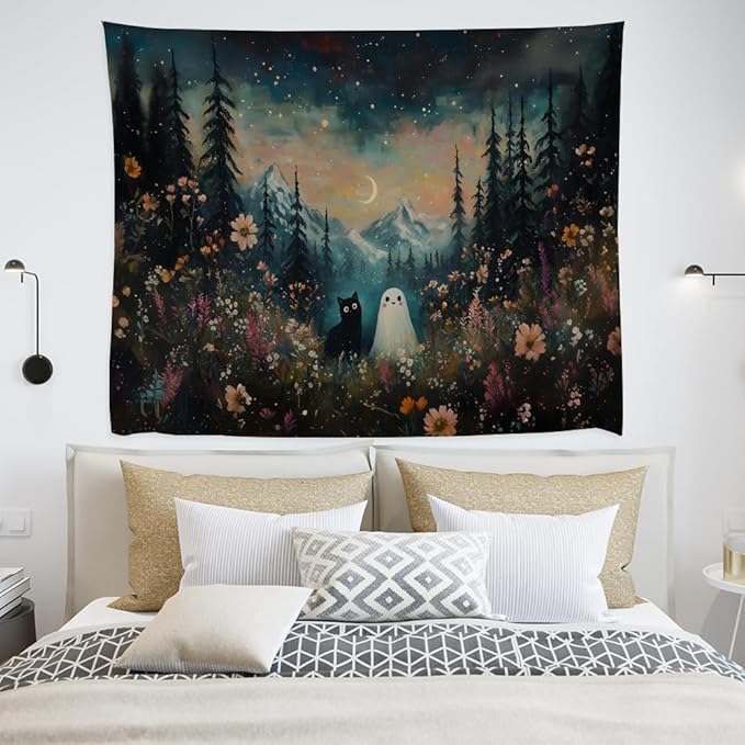 Whimsical Halloween Tapestry Wall Hanging Ghost and Black Cat in Magical Forest Wildflowers Meadow Tapestry Art Print Charming Spooky Fall Season Tapestries for Living Room Bedroom Decor 30x40inch