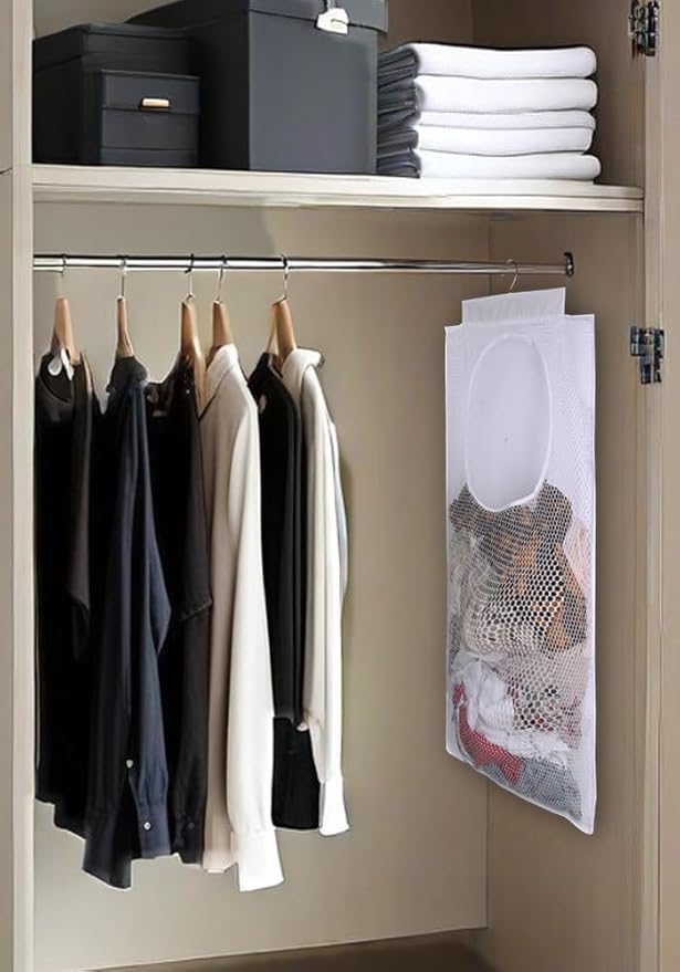 ALYER Breathable Mesh Laundry Hamper,Foldable Hanging Closet Storage Basket,Portable Space Saving Dirty Clothes Bag (White)