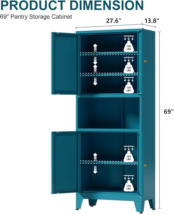 69" Tall Kitchen Pantry Cabinet, Metal Storage Cabinet with 4 Doors and Adjustbale Shelves, Freestanding Cupboards for Dining Room, Living Room, Bathroom