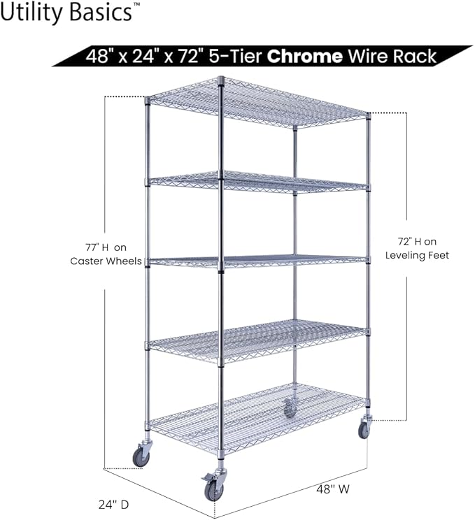 48"x24"x72" Chrome 5-Tier PREMIUM Wire Shelving NSF 4000 LBS MAX CAPACITY Heavy Duty Steel Storage Rack for Warehouses, Garages, Hospitals, Commercial Spaces, & Schools w/PREMIUM WHEELS