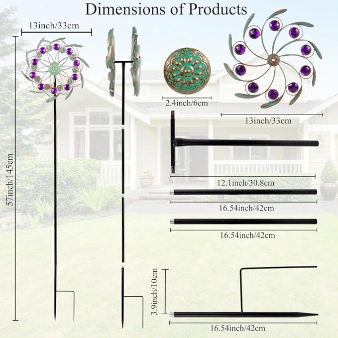Viveta Outdoor Wind Spinners, 13" Metal Wind Sculpture with Stable Stake, Double-Sided Windmill,Wind Spinner for Yard and Garden