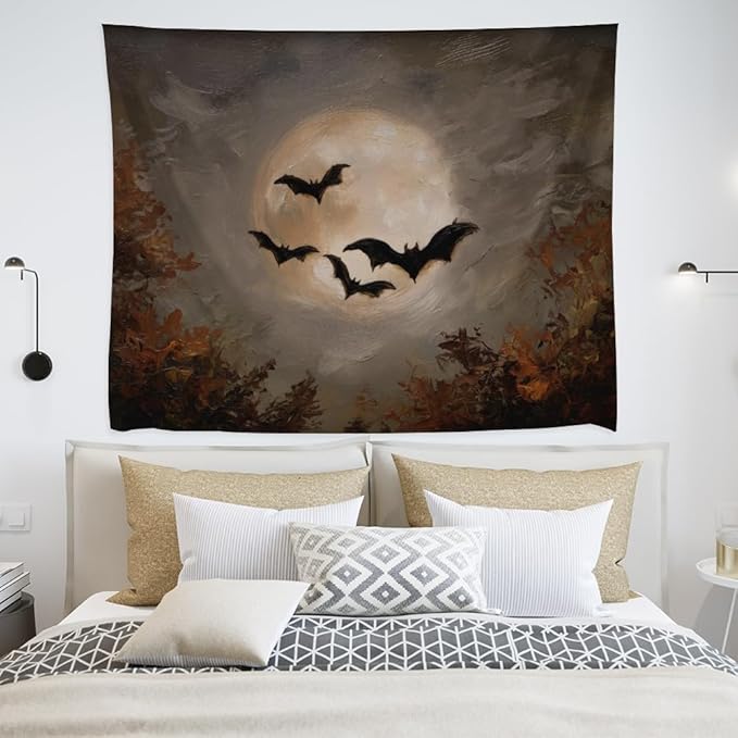 Spooky Halloween Bats Dark Academia Full Moon Autumn Leaves Wall Hanging Vintage Haunted Home Artwork Gothic Witchy Ghost Tapestries for bedroom Living Room Decor 30x40inch