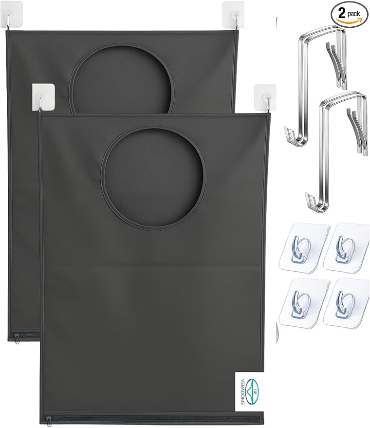Hanging Laundry Hamper Bag โ Space-Saving Dirty Clothes Storage with Free Adjustable Stainless Steel Over-the-Door Hooks & Suction Cup Hooks โ Ideal for bathrooms, bedrooms & dorms (2, Gray)