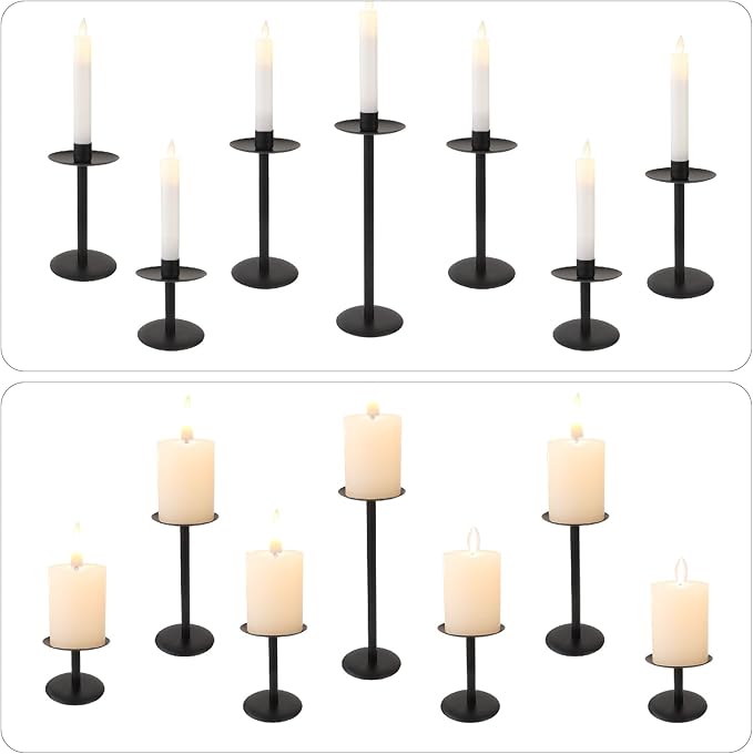 Set of 7 Metal Black Candle Holders, Assemblable Pillar and Taper Candlesticks, Halloween Fall Thanksgiving Day Dining Table Centerpieces Decor, Mantle Fireplace Candle Sticks Decorations