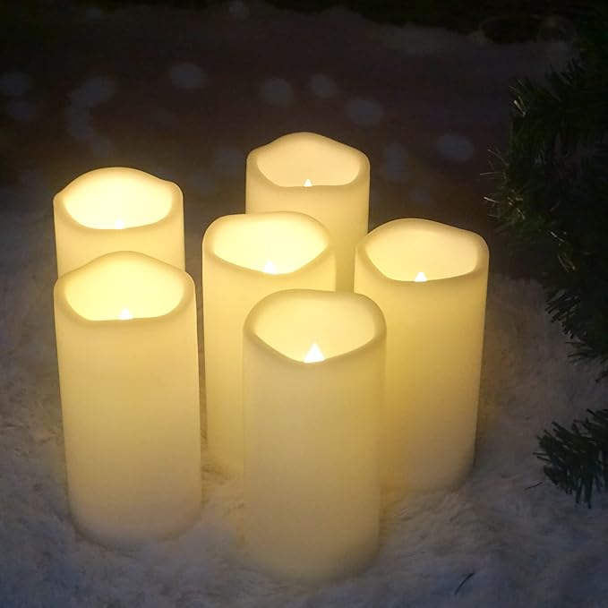 CANDLE CHOICE Waterproof Outdoor Battery Operated Flameless Candles Remote Timer Ivory Plastic Realistic Flickering Fake Electric LED Pillars Lantern Garden Wedding Christmas Decorations 3”x6” 6 Pack