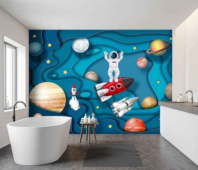 '-Kindergarten Children Galactic Planet Fabric Wallpaper Living Room Bedroom Boys Girls Children Cartoon Astronauts Large Mural- 183"x120"( not Peel and Stick)