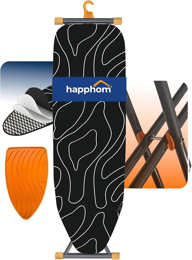 Ironing Board, Compact and Space Saver Ironing Board with Extra Thick 3 Layers Cover, Height Adjustable, Easy Storage with Smart Hanger and Heavy Duty Steel Legs, Black (13x43)