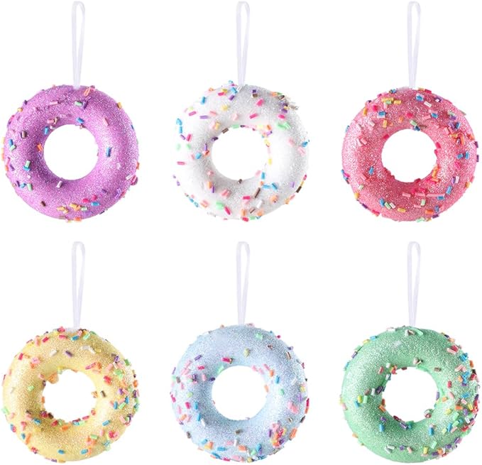 Donut ChristmasParty Decorations Ornaments, 6Pcs Hanging Christmas Tree Candy Ornament, Macaron Color Mini Dessert Donut Pendant Set for Xmas New Year Easter Birthday Home Party Supplies (Doughnut)