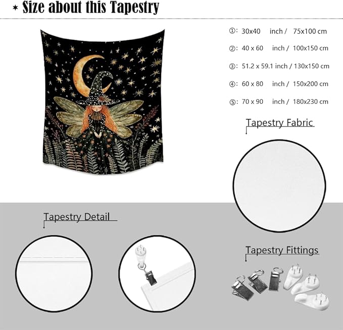 Dark Academia Witch Fairy Tapestry Wall Hanging Magical Moon Starry Night Art Print Halloween Witchy Artwork Aesthetic Wall Tapestries for Girls Bedroom Living Room Dorm Decoration 70x90inch