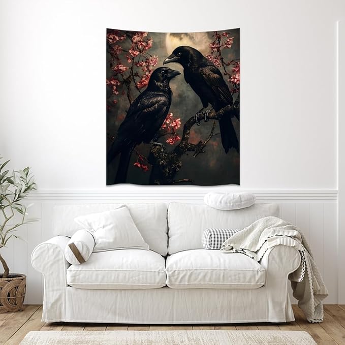 Mystic Gothic Raven Tapestry Halloween Crow Decor Vintage Dark Academia Bedroom Tapestries Retro Art Aesthetic Wall Tapestry for Bedroom Dorm Living Room white