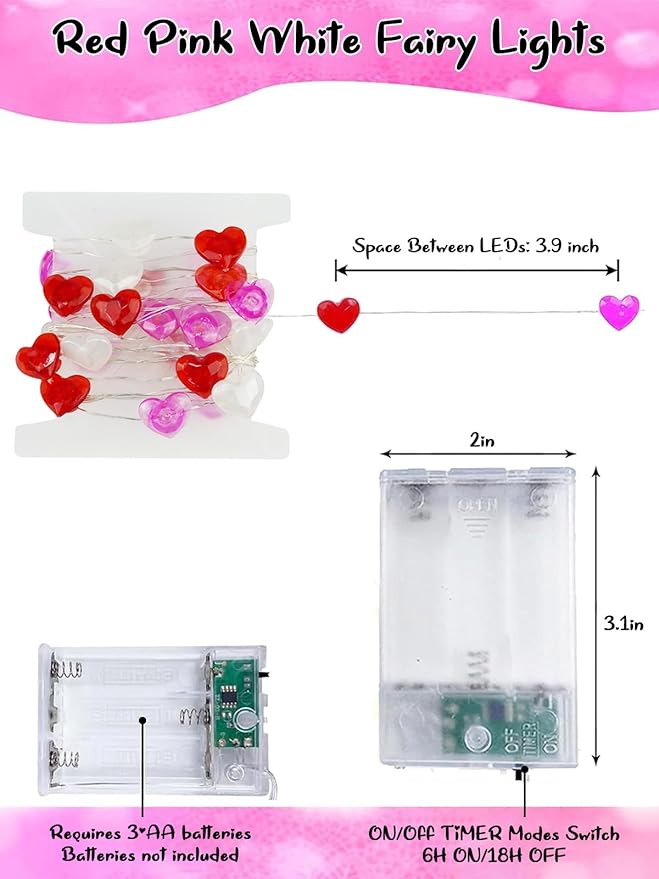 Red Pink White Heart Fairy Lights Battery Operated for Valentines Decor, 10FT 30 LED Battery String Lights with Timer Waterproof for Indoor Outdoor Valentines Proposal Anniversary Wedding Decorations