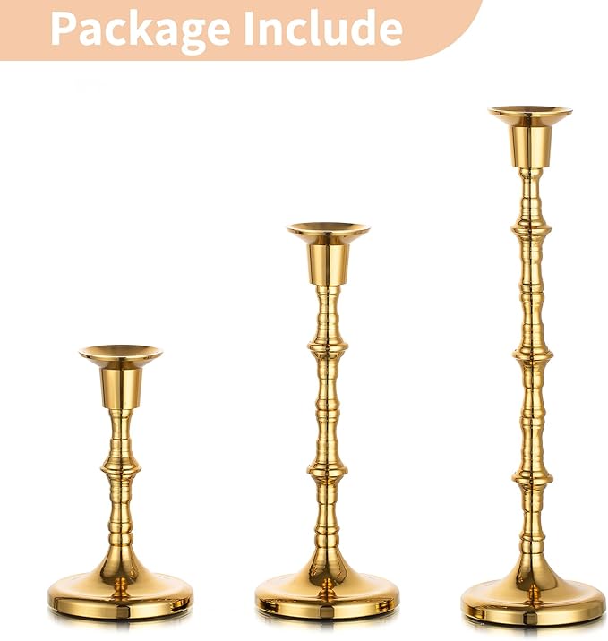 Nuptio Brass Candlestick Holders for Centerpiece: Set of 3 Gold Taper Candle Stick Holders for Home Dining Table Fireplace Decor