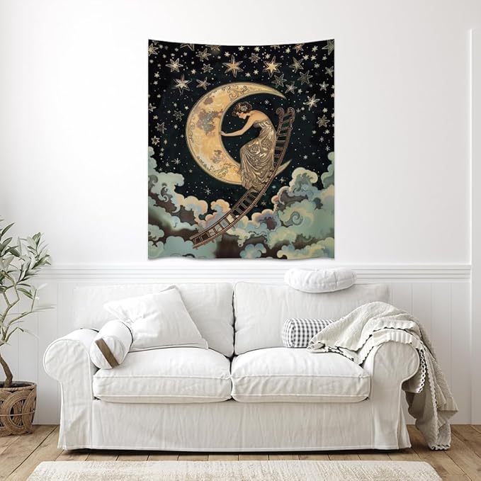 Dark Academia Gothic Aesthetic Tapestry ladder to The Moon and Stars Wall Hanging Print Trendy Vintage Art Nouveau Tapestries Decor for Home Bedroom Living Room 70x90inch