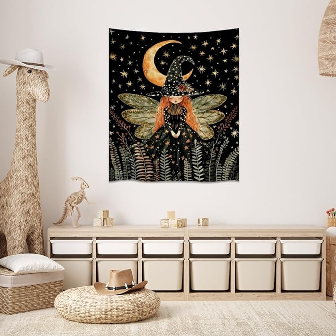 Dark Academia Witch Fairy Tapestry Wall Hanging Magical Moon Starry Night Art Print Halloween Witchy Artwork Aesthetic Wall Tapestries for Girls Bedroom Living Room Dorm Decoration 30x40inch
