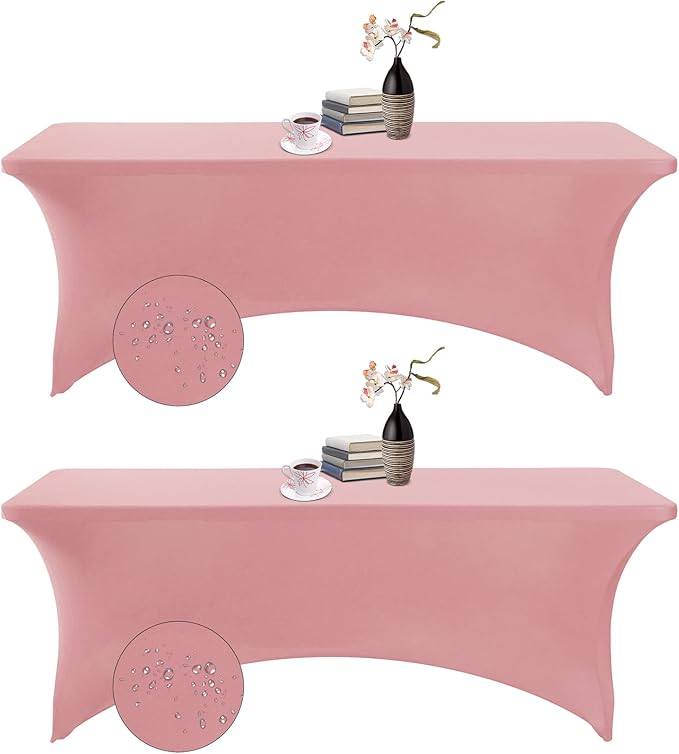 2Pack Spandex Waterproof Table Covers 8ft,Spandex 8ft Waterproof Table Cover for Party,Wedding, Banquet, and Events(Dusty Pink)