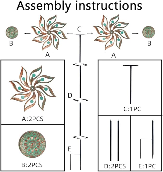 Viveta Metal Wind Spinners Outdoor,Vintage Kinetic Wind Spinner Garden Pinwheels with Metal Stake for Patio,Lawn,Garden,59 * 13.4 Inch
