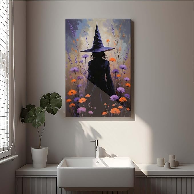 JFHCQJPK Country wildflower witch canvas print halloween mashup art witch purple decoration bohemian elegant art poster20x30in Frameless