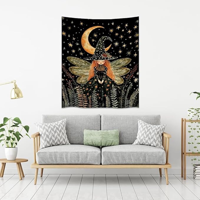 Dark Academia Witch Fairy Tapestry Wall Hanging Magical Moon Starry Night Art Print Halloween Witchy Artwork Aesthetic Wall Tapestries for Girls Bedroom Living Room Dorm Decoration 70x90inch