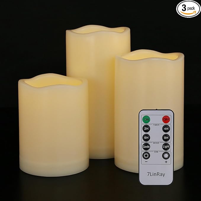 Battery Operated Candles Flickering Flameless Candles with Remote and Timer, Waterproof Outdoor LED Pillar Flameless Candles for Home Wedding Decor, Ivory Plastic, D 3" x H 4" 5" 6"