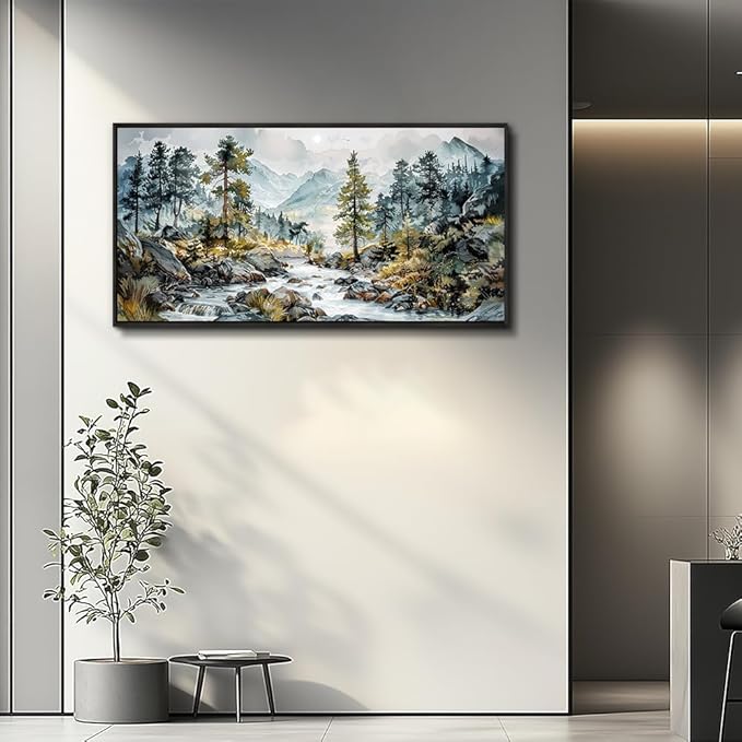 PHAOHUAXM Large Wall Art For Bedroom Wall Decor For Living Room Office Home Decoration Rivulet View Painting Forest Tree Landscape Watercolour Canvas Pictures Ready To Hang Black Framed 20x40 In