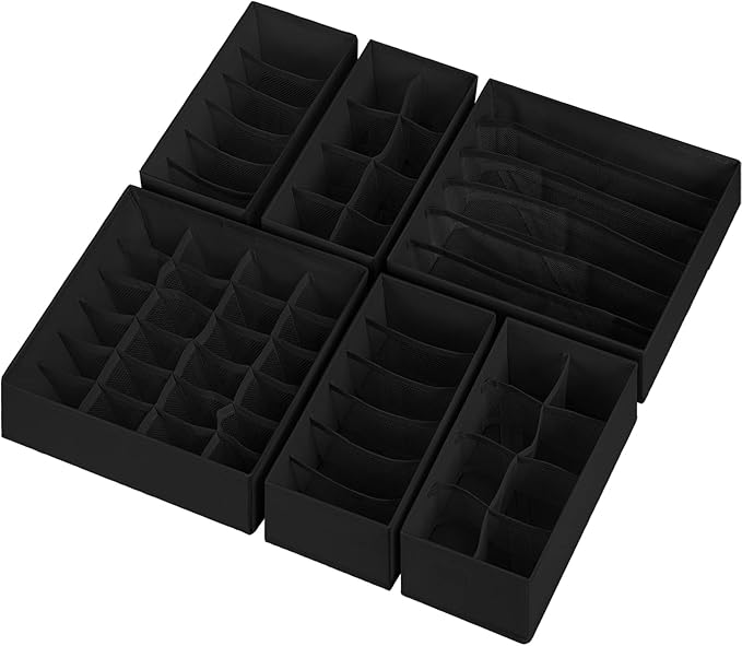 6 Pack Sock Underwear Drawer Organizer Dividers, 58 Cell Foldable Fabric Dresser Closet Organizers and Storage Bins for Clothing, Baby Clothes, Bra, Panty, Scarf, Ties (Black)