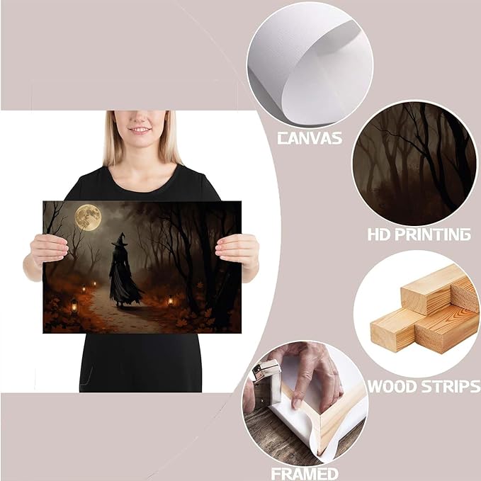 Moonlight witch poster dim lantern Halloween decoration Gothic style dark retro college style canvas wall art suitable for living room bedroom8x12in Wood Framed