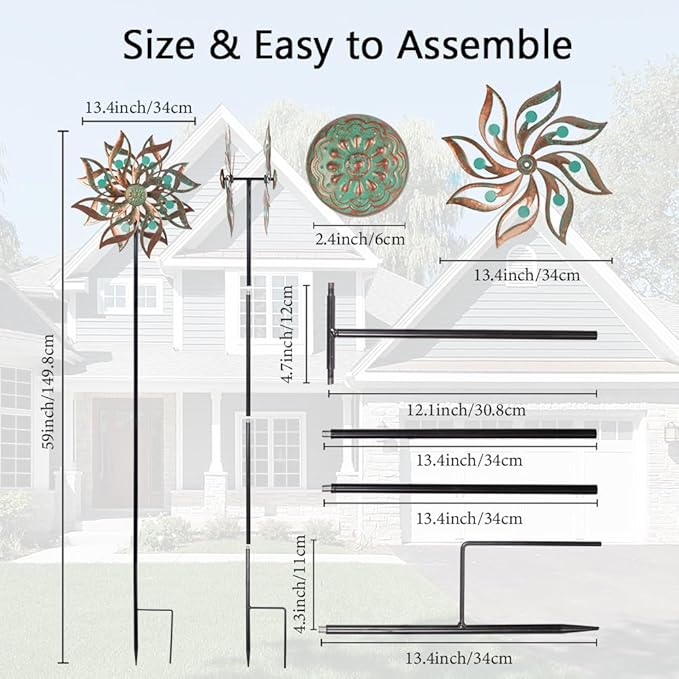 Viveta Metal Wind Spinners Outdoor,Vintage Kinetic Wind Spinner Garden Pinwheels with Metal Stake for Patio,Lawn,Garden,59 * 13.4 Inch