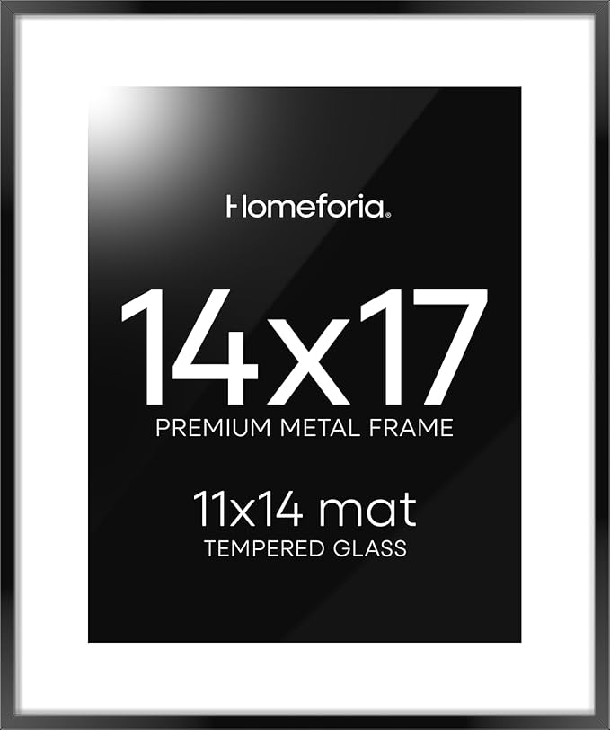 Homeforia 14x17 Picture Frame Black, High End Metal 14 x 17 Poster Frames with Mat 11 x 14 for Photo, 14x17 Black Frame Matted to 11x14 inch Print, 17x14 Thin Frame, Tempered Glass, Wall Kit, Set of 1