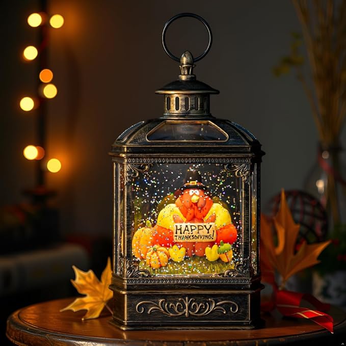 10.5'' Fall Snow Globe Lantern - Thanksgiving Glittering Lighted Water Lantern, Fall Decorations Autumn Harvest Day Gifts, Home Fall Halloween Decor (Turkey & Pumpkins)