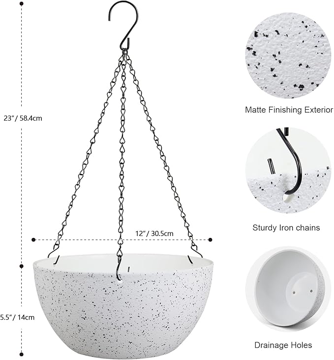 12 inch Large Hanging Planters for Indoor Outdoor Plants, 2 Pack Hanging Flower Pots with Drainage Holes and Chain for Garden Porch, Plastic Hanging Baskets for House Plants, Speckled White