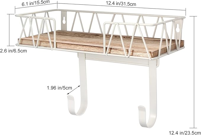 TJ.MOREE Ironing Board Hanger Wall Mount - Laundry Room Decor Iron and Ironing Board Holder with Large Storage Wooden Base Basket and Removable Hooks(T&V Shaped) Cream