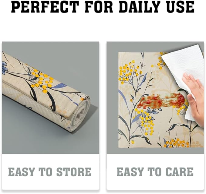 Floral Placemats Set of 4 Vintage Floral Summer Flowers Yellow Placemats for Kitchen Table Linen Placemats Washable Non-Slip Heat Resistant Place Mats for Party Kitchen Dining Decorations 18x12 Inch