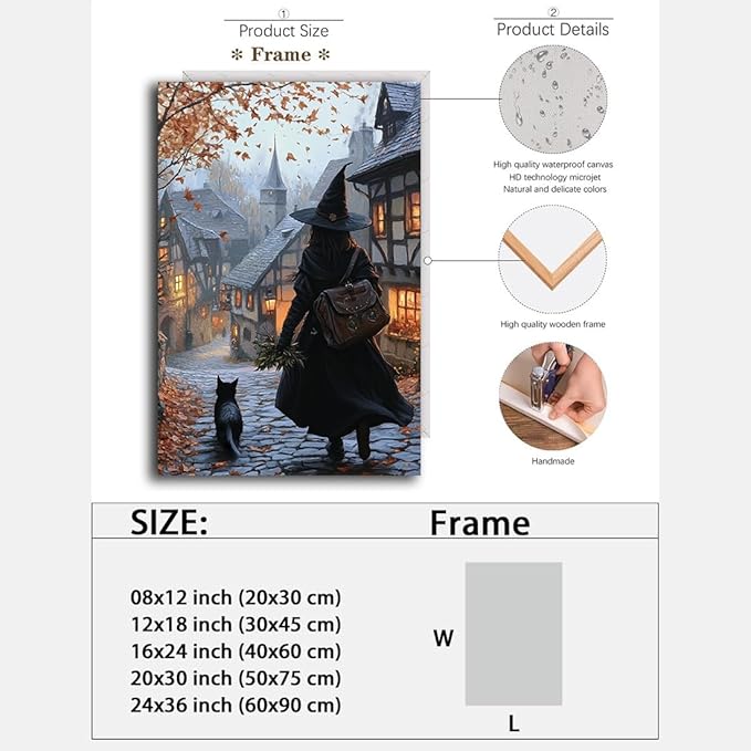 Autumn Witch And Black Cat Picture Wall Decor,Halloween Canvas Vintage Rustic Wall Art,Preppy Bedroom Living Room Bathroom Poster Print,16"x24" Framed