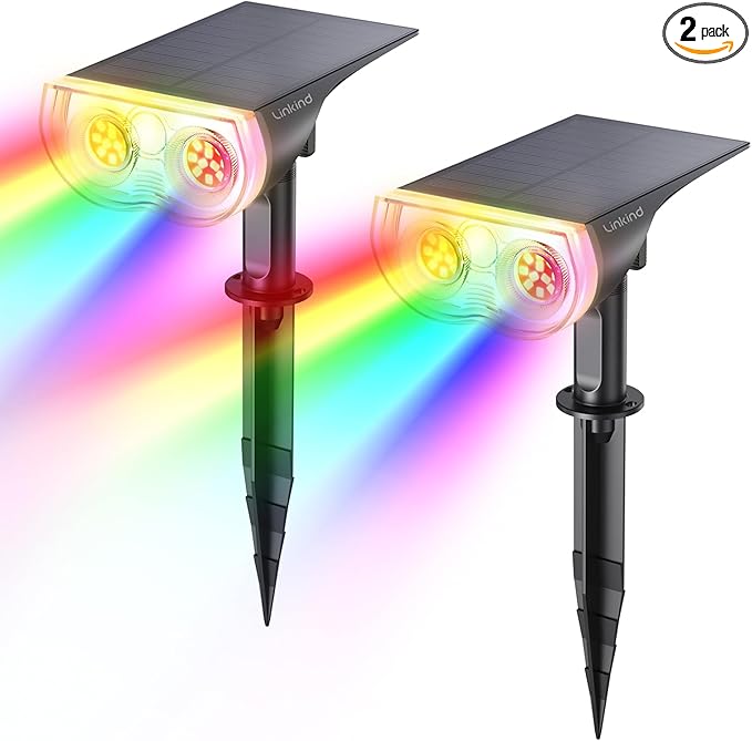 Linkind Solar Lights Outdoor Waterproof IP67, StarRay RGB Solar Spot Lights Outdoor, Color Changing Outdoor Solar Lights for Yard, Garden, Pathway, Decorations (Multicolor, 2 Pack)